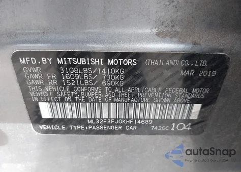 2019 Mitsubishi Mirage G4 Es из США, поврежденный, VIN ML32F3FJ1KHF12255